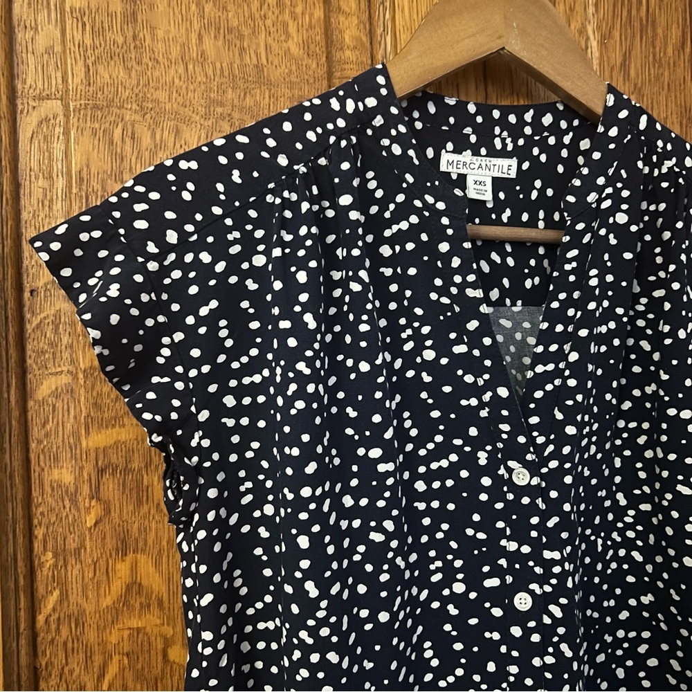 J. Crew Mercantile Women’s Top XXS Navy Polka Dot Dainty Cap Ruffle Button Down - Picture 3 of 8